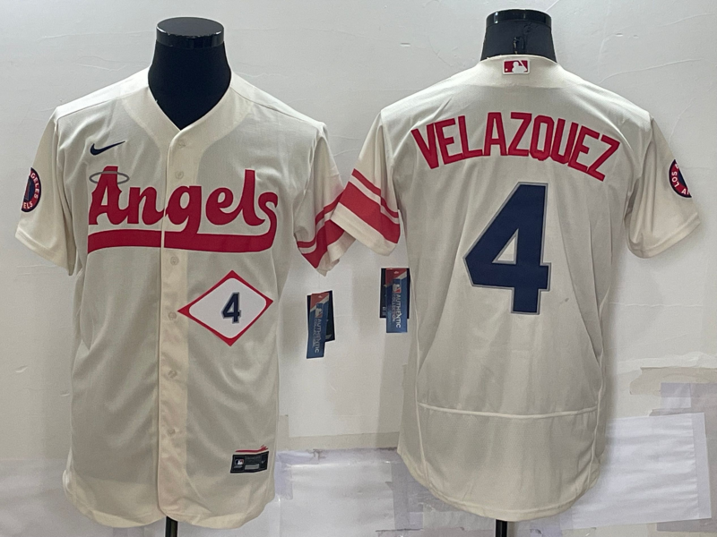 Men's Los Angeles Angels Andrew Velazquez #4 Beige Stitched Jersey